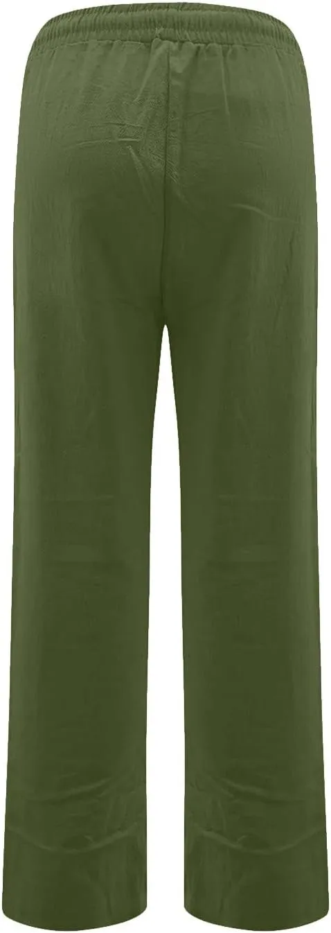 Womens Cotton Linen Pants Lightweight Summer Casual Relax Fit Elastic Waist Plus Size Solid Lounge Long Trousers