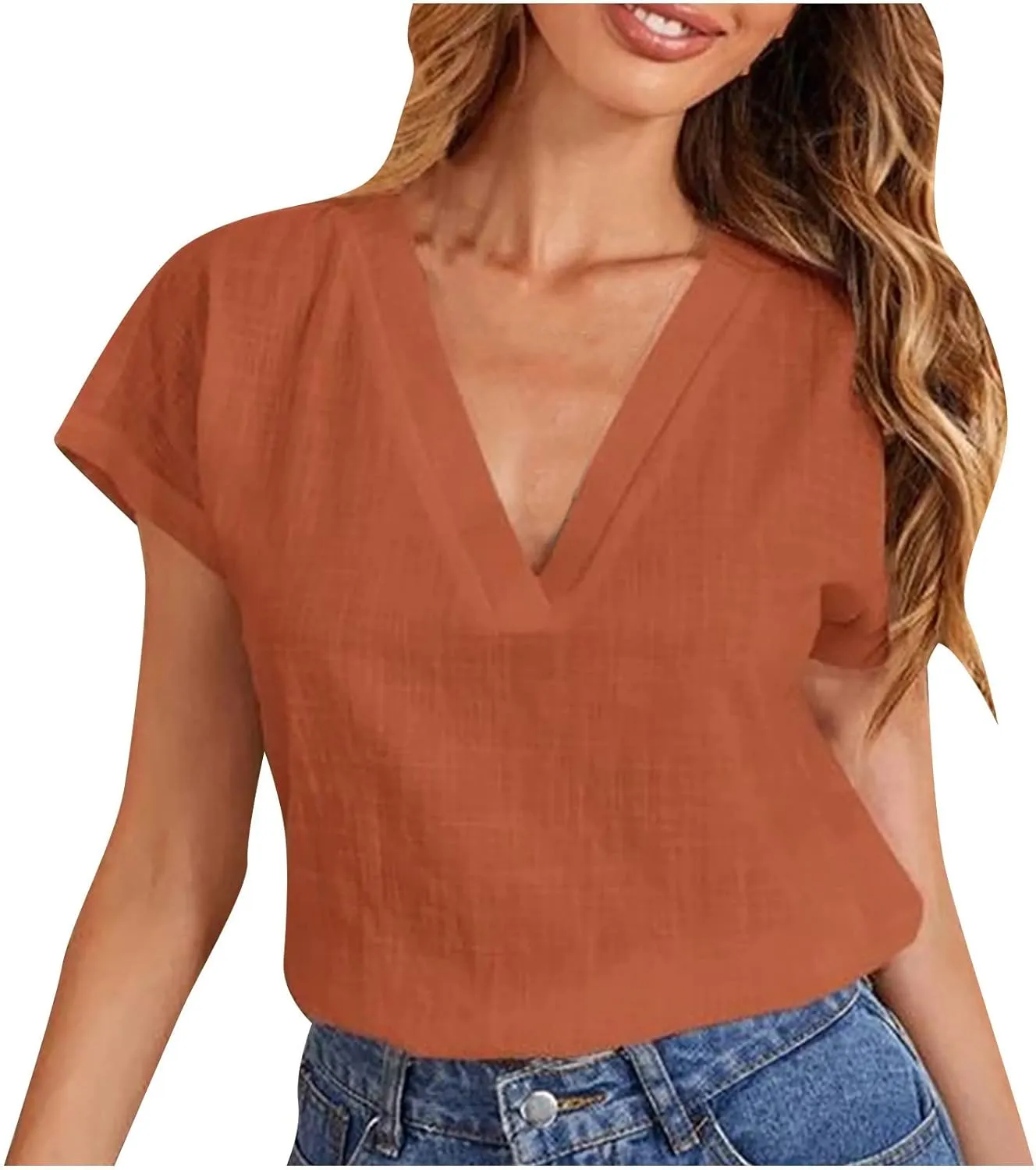 Women's Cotton Linen V Neck Boxy Top Casual Plain Blouses Short Sleeve T Shirt Loose Fit Tunic Summer Tops Basic Tee