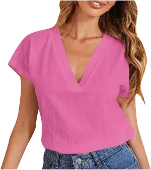 Women's Cotton Linen V Neck Boxy Top Casual Plain Blouses Short Sleeve T Shirt Loose Fit Tunic Summer Tops Basic Tee