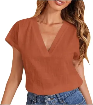 Women's Cotton Linen V Neck Boxy Top Casual Plain Blouses Short Sleeve T Shirt Loose Fit Tunic Summer Tops Basic Tee