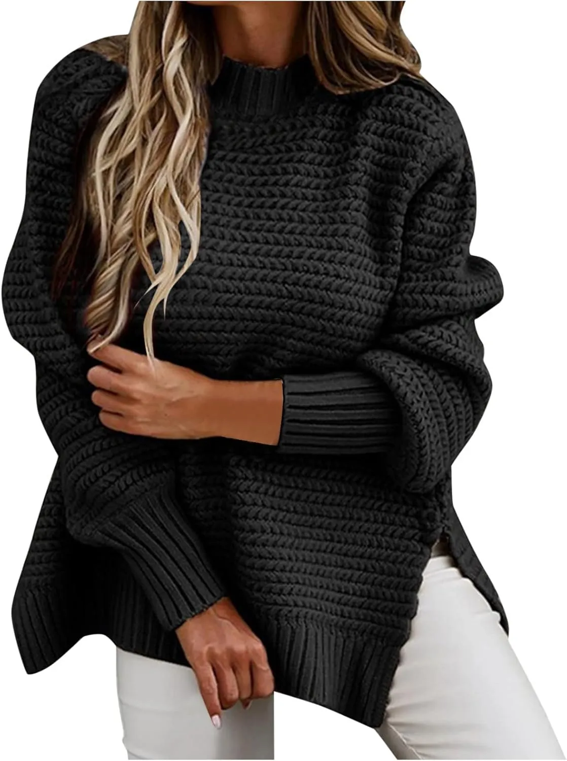 Women's Crew Neck Cable Knit Pullover Sweater Long Sleeve Casual Relaxed Fit Soft Cozy Knitwear Fall Winter Layering