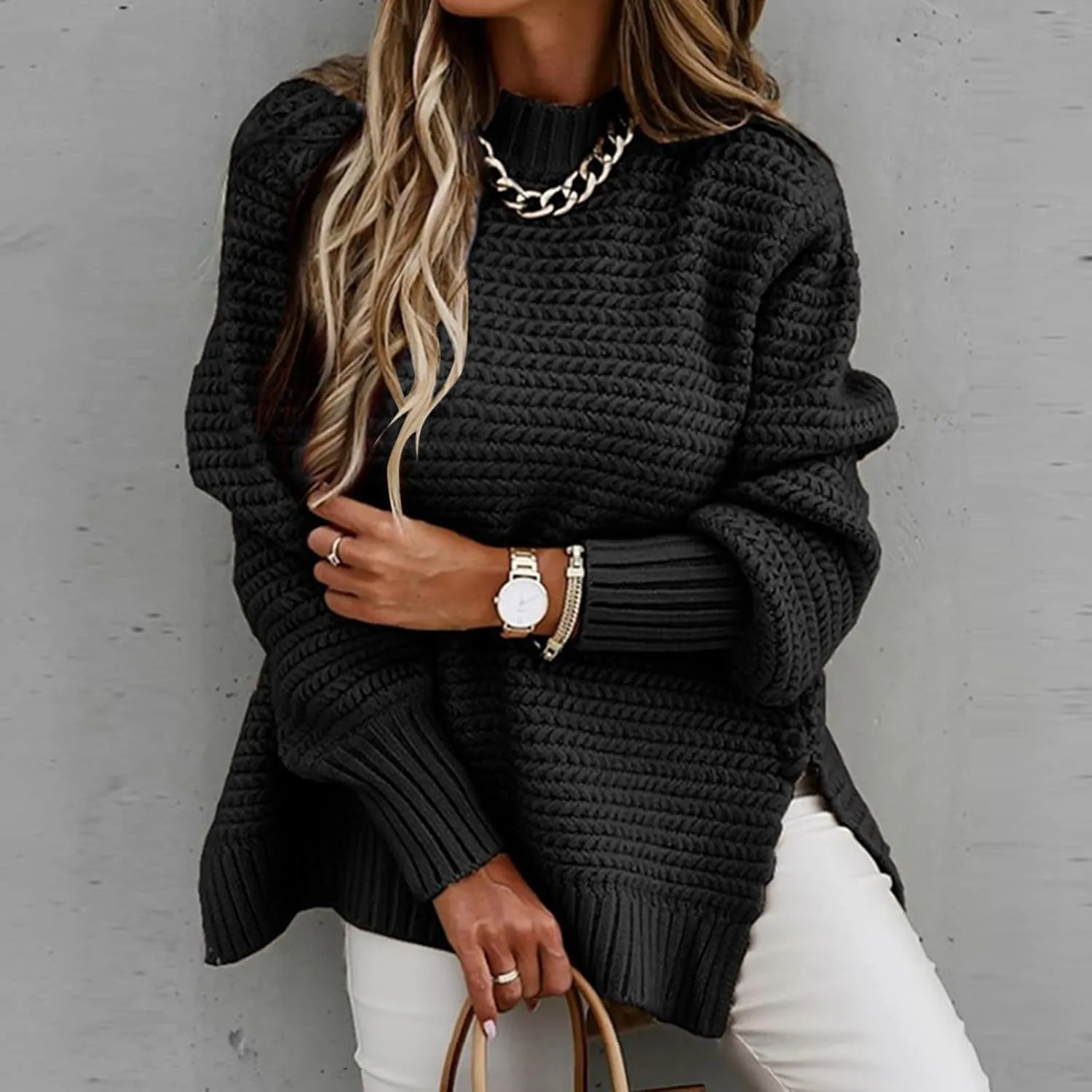 Women's Crew Neck Cable Knit Pullover Sweater Long Sleeve Casual Relaxed Fit Soft Cozy Knitwear Fall Winter Layering