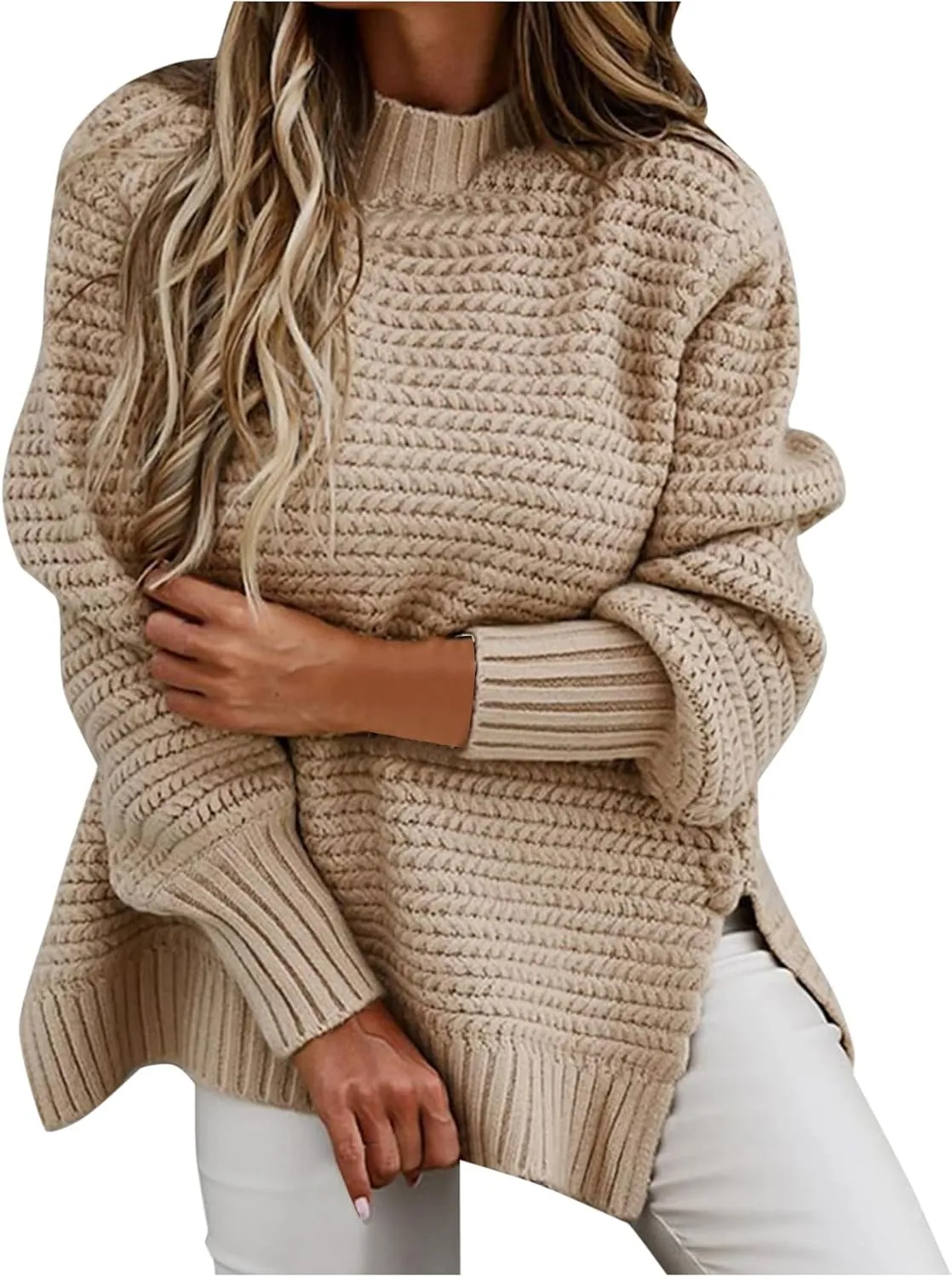 Women's Crew Neck Cable Knit Pullover Sweater Long Sleeve Casual Relaxed Fit Soft Cozy Knitwear Fall Winter Layering