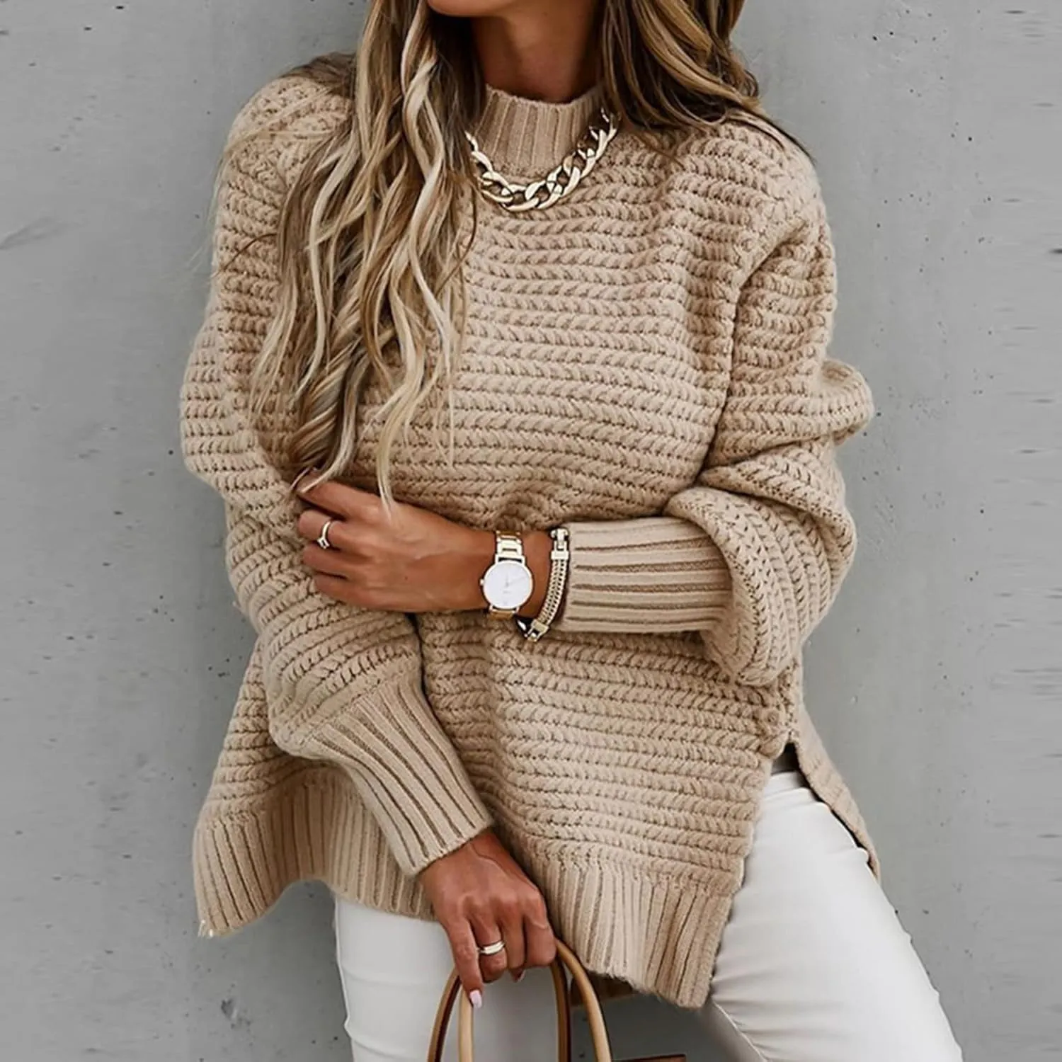 Women's Crew Neck Cable Knit Pullover Sweater Long Sleeve Casual Relaxed Fit Soft Cozy Knitwear Fall Winter Layering