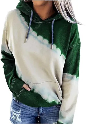 Womens Drawstring Color Block Loose Hooded Sweatshirt Casual Comfy Sweaters Fashion Oversized Tie Dye Long Sleeve Pullover