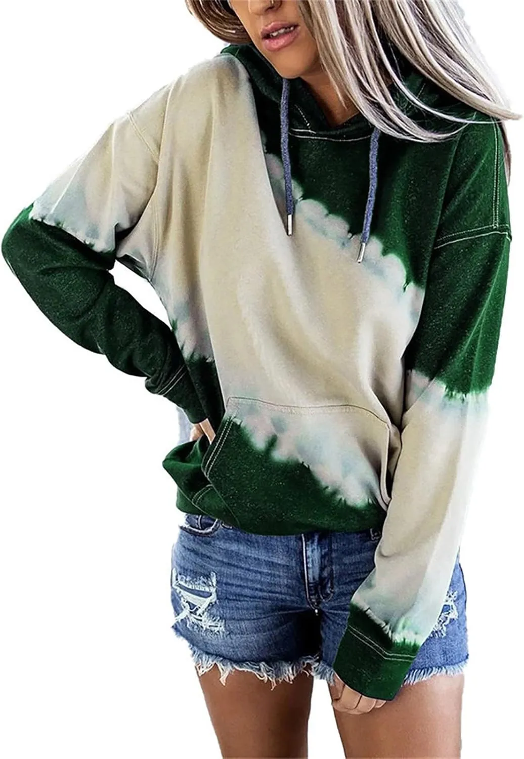 Womens Drawstring Color Block Loose Hooded Sweatshirt Casual Comfy Sweaters Fashion Oversized Tie Dye Long Sleeve Pullover