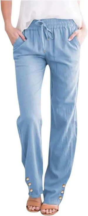Women's Fashion 2024 Cotton Linen Sweatpants Winter Relax Fit Elastic Waist Straight Leg Solid Lounge Long Trousers