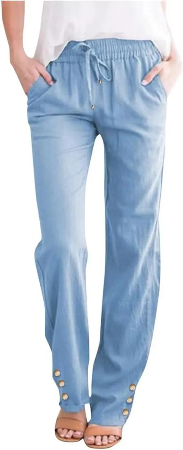 Women's Fashion 2024 Cotton Linen Sweatpants Winter Relax Fit Elastic Waist Straight Leg Solid Lounge Long Trousers