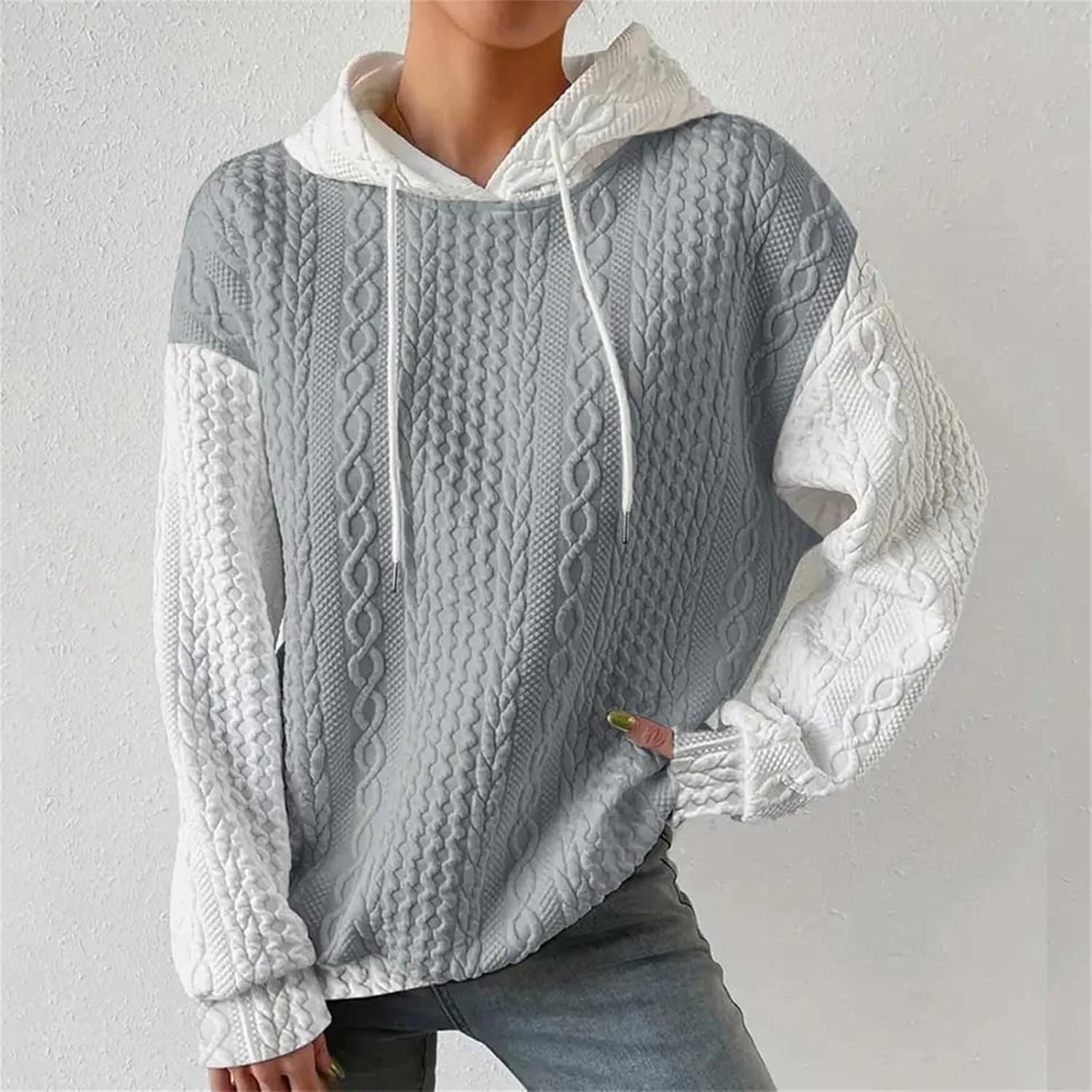 Women's Fashion Hoodies Textured Embroidered Long Sleeve Loose Fit Pullover Sweatshirts Casual Drawstring Hooded Tops