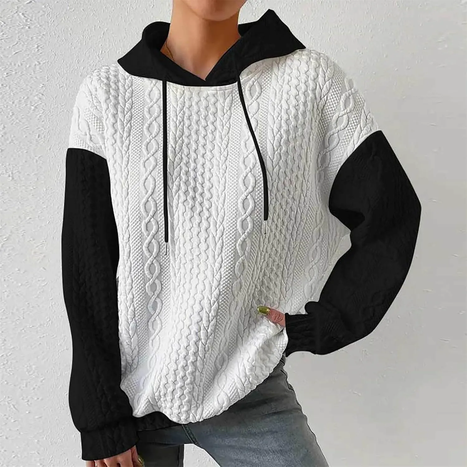 Women's Fashion Hoodies Textured Embroidered Long Sleeve Loose Fit Pullover Sweatshirts Casual Drawstring Hooded Tops