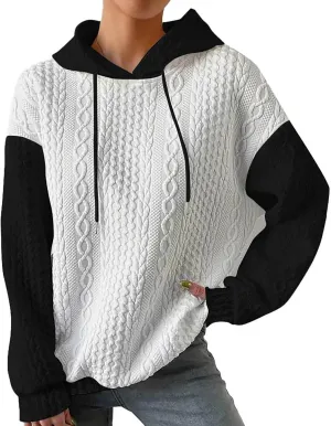 Women's Fashion Hoodies Textured Embroidered Long Sleeve Loose Fit Pullover Sweatshirts Casual Drawstring Hooded Tops