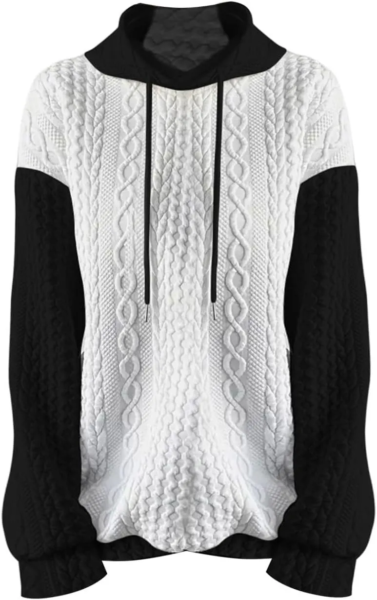 Women's Fashion Hoodies Textured Embroidered Long Sleeve Loose Fit Pullover Sweatshirts Casual Drawstring Hooded Tops