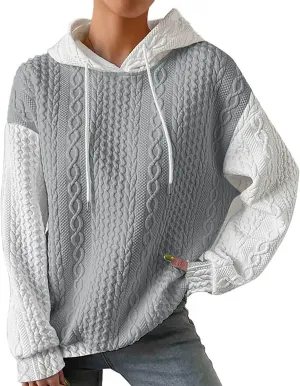 Women's Fashion Hoodies Textured Embroidered Long Sleeve Loose Fit Pullover Sweatshirts Casual Drawstring Hooded Tops