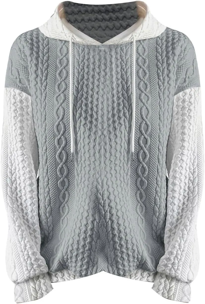 Women's Fashion Hoodies Textured Embroidered Long Sleeve Loose Fit Pullover Sweatshirts Casual Drawstring Hooded Tops
