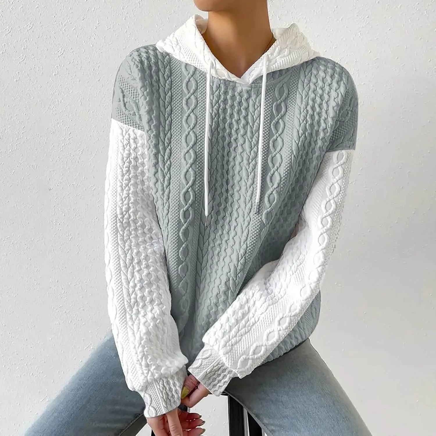 Women's Fashion Hoodies Textured Embroidered Long Sleeve Loose Fit Pullover Sweatshirts Casual Drawstring Hooded Tops