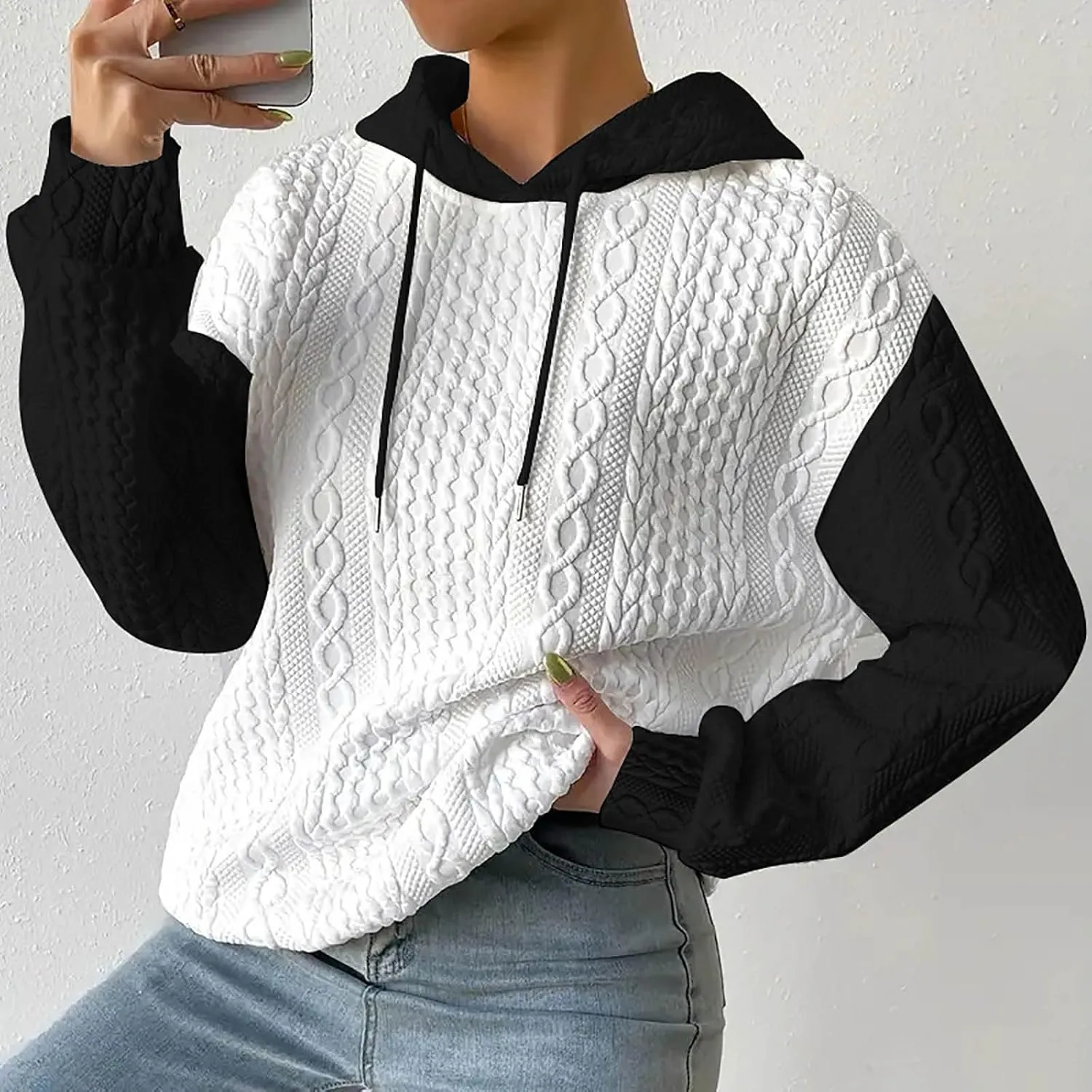 Women's Fashion Hoodies Textured Embroidered Long Sleeve Loose Fit Pullover Sweatshirts Casual Drawstring Hooded Tops