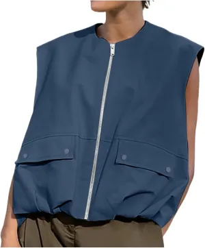 Womens Fashion Sleeveless Sweatshirt Casual Full Zip Pocket Pullover Tops Loose Lightweight Open Front Cardigan Coat
