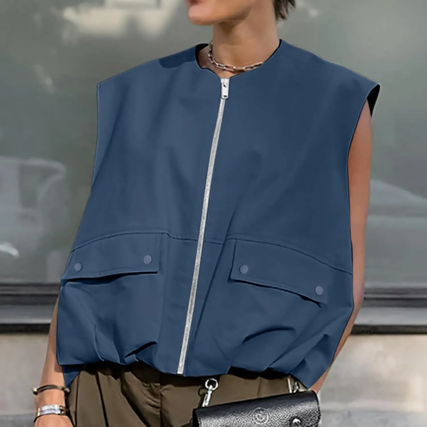 Womens Fashion Sleeveless Sweatshirt Casual Full Zip Pocket Pullover Tops Loose Lightweight Open Front Cardigan Coat