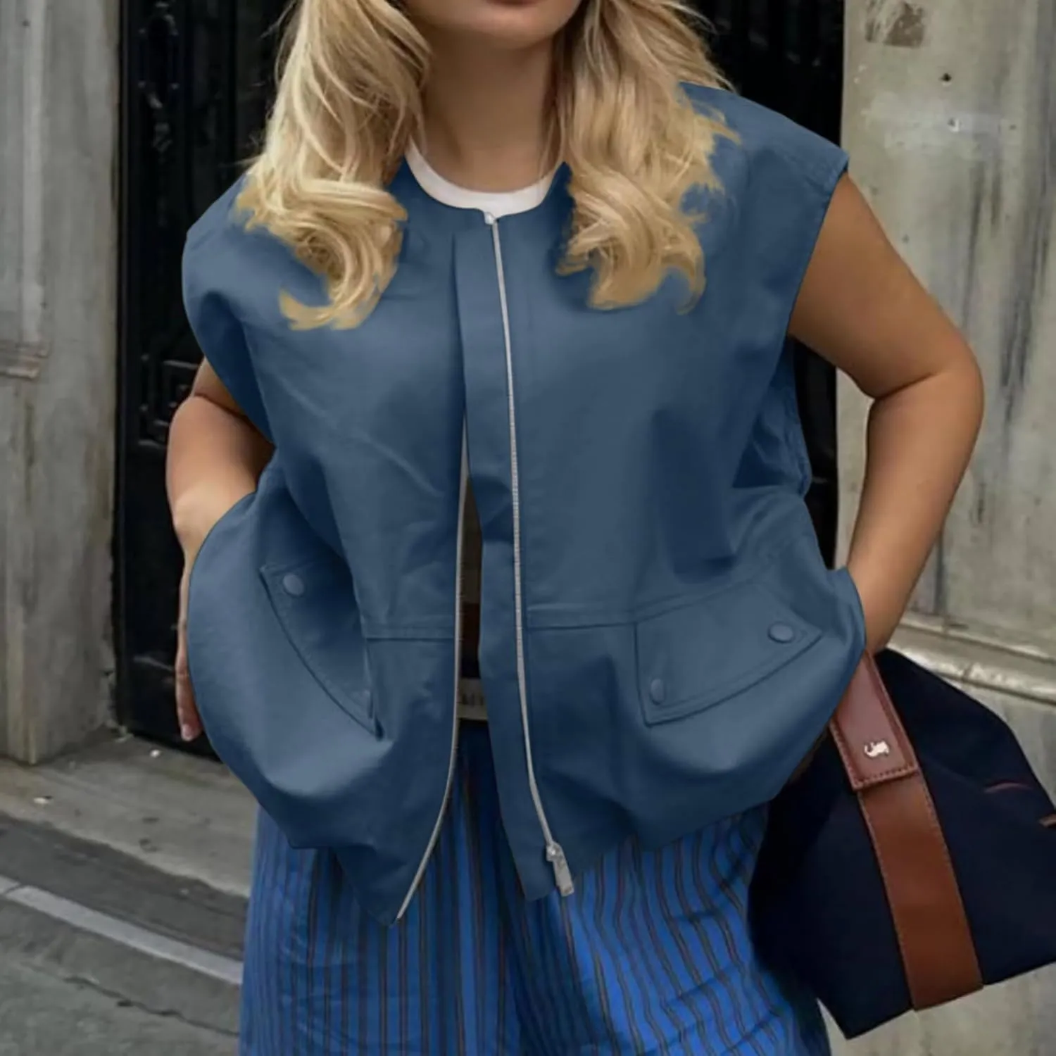 Womens Fashion Sleeveless Sweatshirt Casual Full Zip Pocket Pullover Tops Loose Lightweight Open Front Cardigan Coat