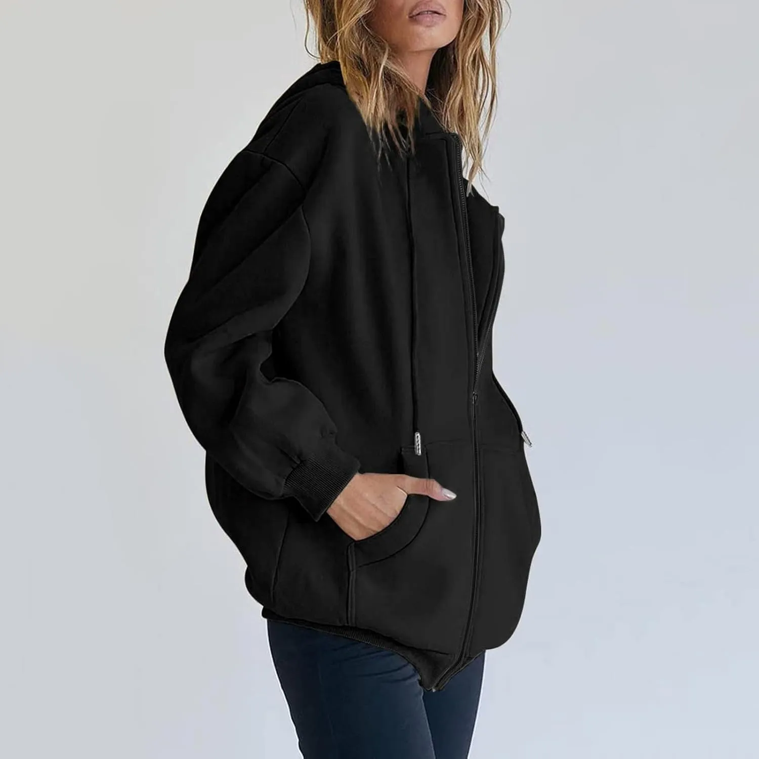 Women's Full Ziped Hoodies Teen Girl Fall Jacket Coat Oversized Sweatshirts Casual Drawstring Y2K Hoodie with Pocket