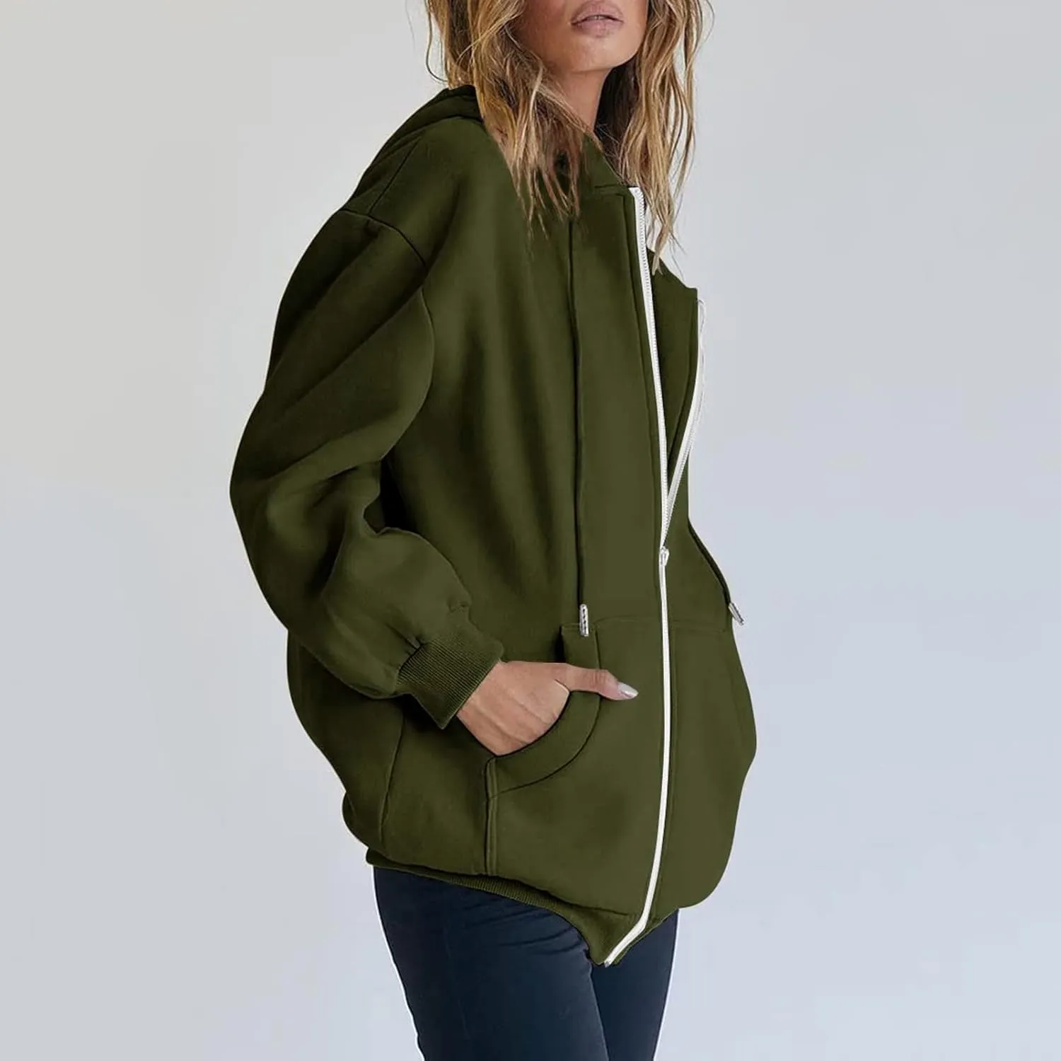 Women's Full Ziped Hoodies Teen Girl Fall Jacket Coat Oversized Sweatshirts Casual Drawstring Y2K Hoodie with Pocket