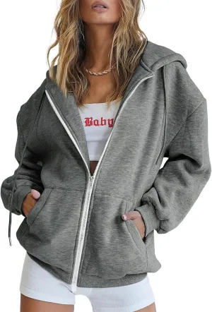 Women's Full Ziped Hoodies Teen Girl Fall Jacket Coat Oversized Sweatshirts Casual Drawstring Y2K Hoodie with Pocket