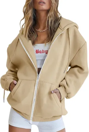Women's Full Ziped Hoodies Teen Girl Fall Jacket Coat Oversized Sweatshirts Casual Drawstring Y2K Hoodie with Pocket