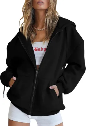 Women's Full Ziped Hoodies Teen Girl Fall Jacket Coat Oversized Sweatshirts Casual Drawstring Y2K Hoodie with Pocket