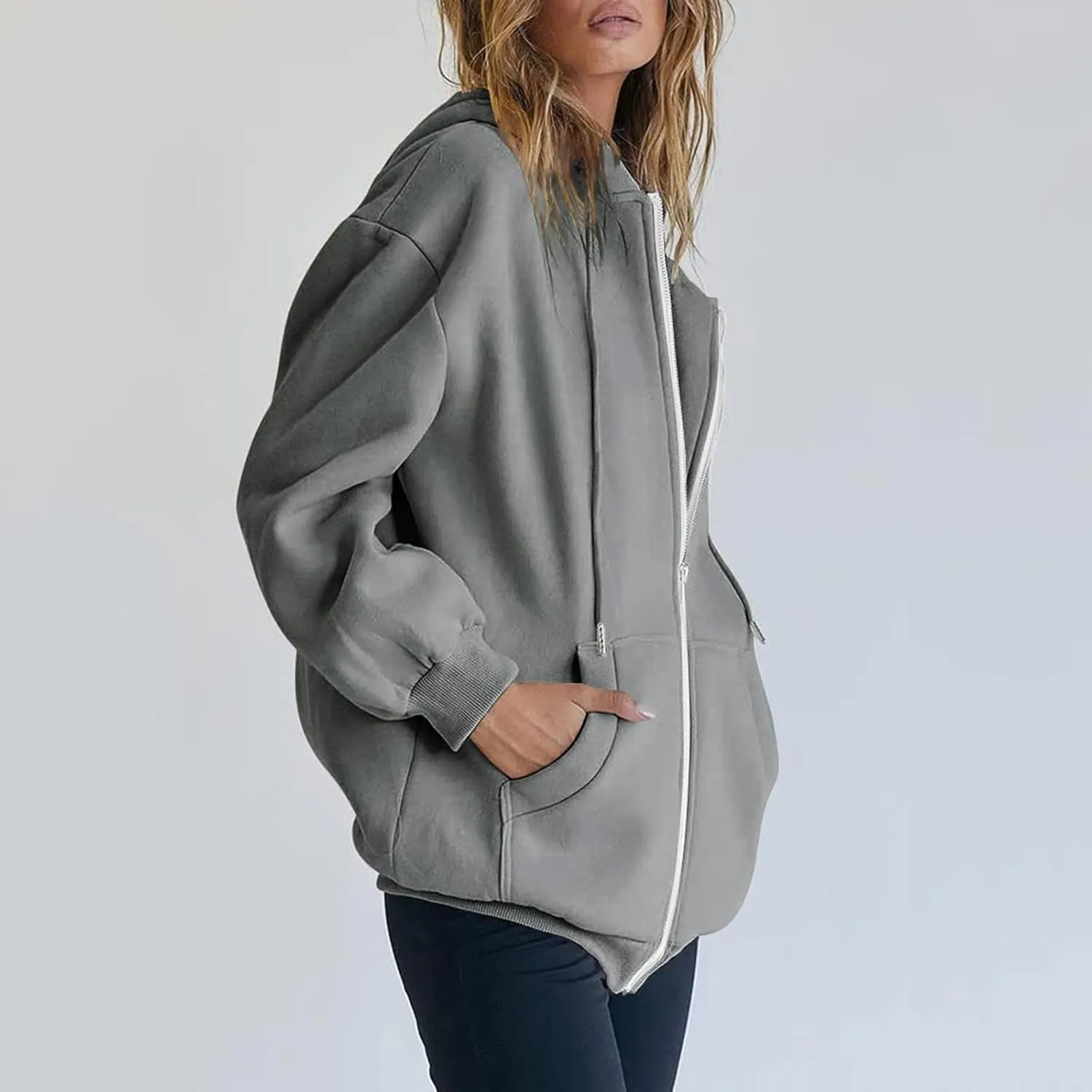 Women's Full Ziped Hoodies Teen Girl Fall Jacket Coat Oversized Sweatshirts Casual Drawstring Y2K Hoodie with Pocket