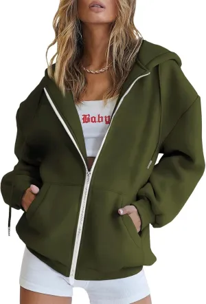 Women's Full Ziped Hoodies Teen Girl Fall Jacket Coat Oversized Sweatshirts Casual Drawstring Y2K Hoodie with Pocket