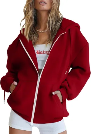 Women's Full Ziped Hoodies Teen Girl Fall Jacket Coat Oversized Sweatshirts Casual Drawstring Y2K Hoodie with Pocket