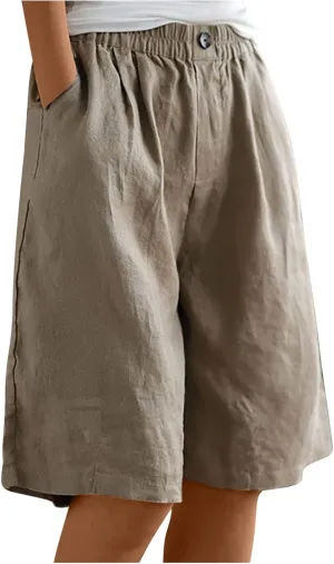 Women's Green Solid Cotton Linen Bermuda Shorts