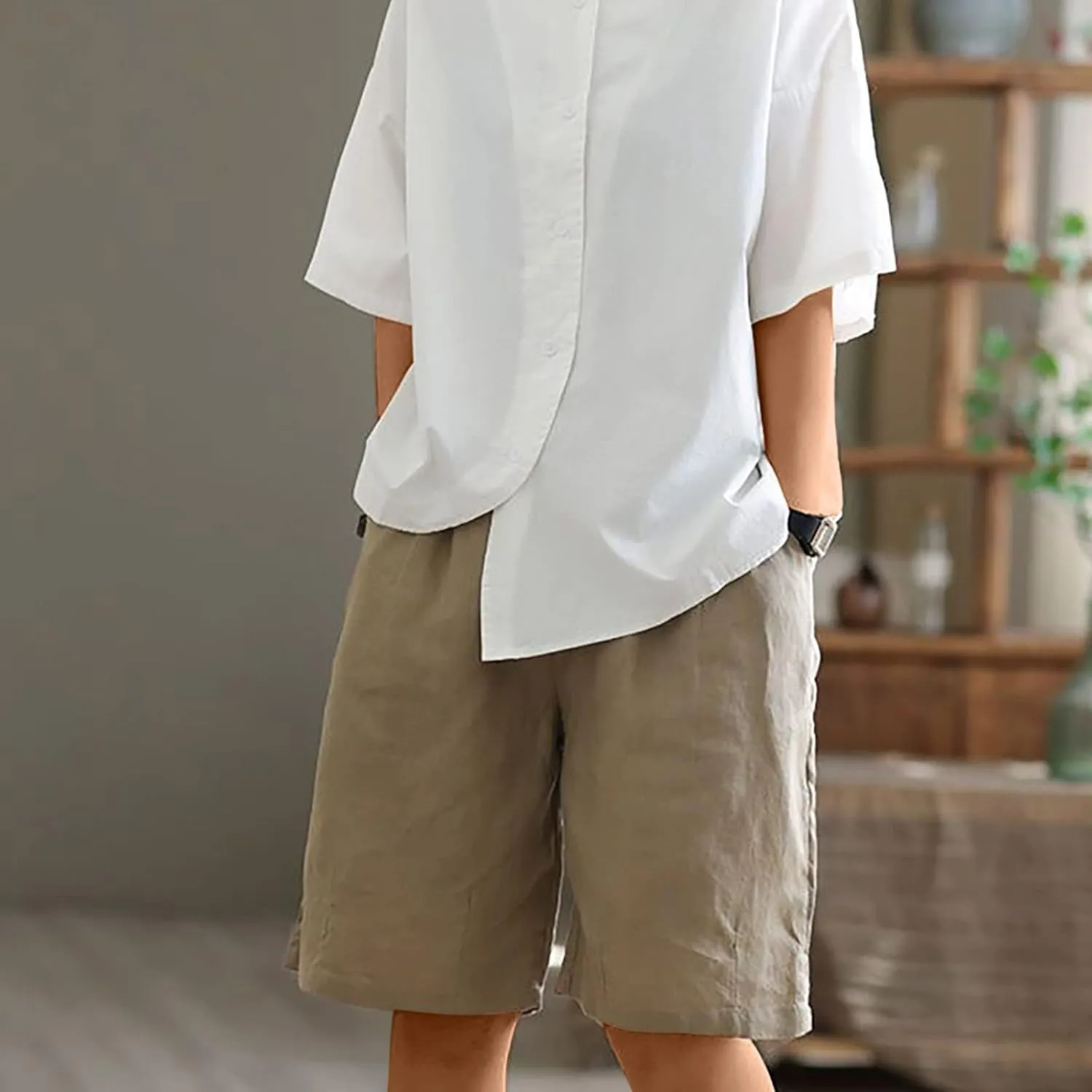 Women's Green Solid Cotton Linen Bermuda Shorts