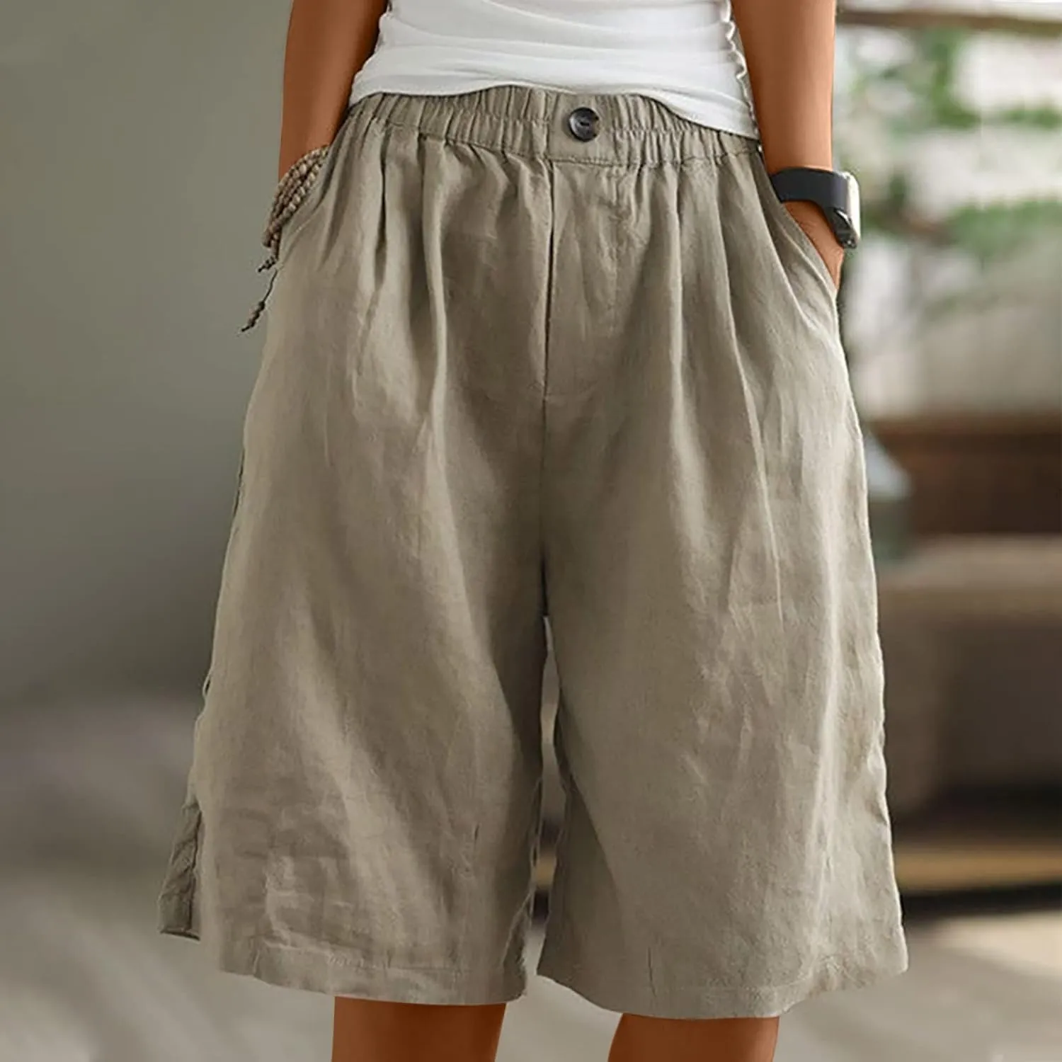 Women's Green Solid Cotton Linen Bermuda Shorts