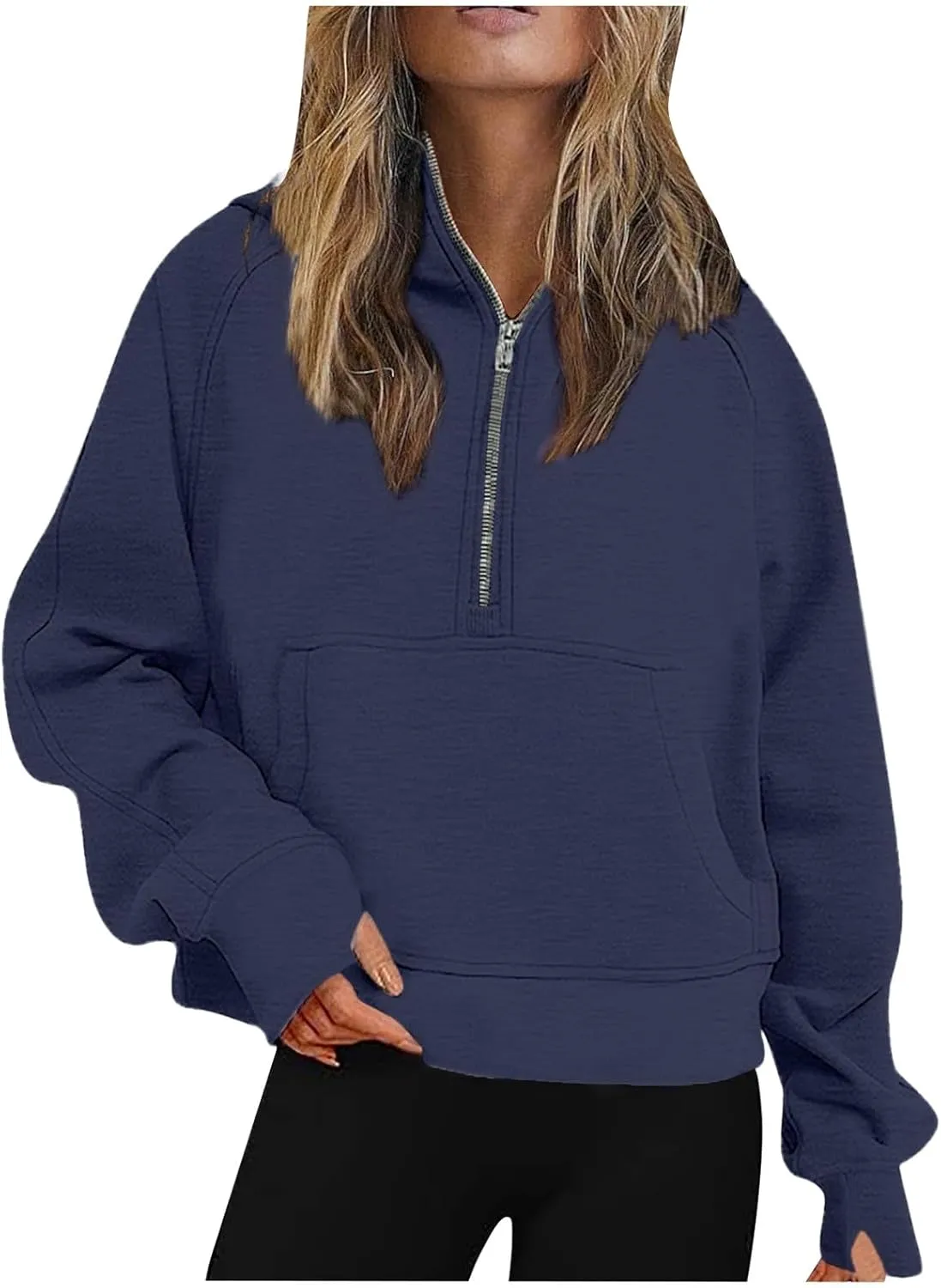 Womens Half Zip Cropped Pullover Tops Fleece Lined Hoodies Long Sleeve Hooded Sweatshirts with Pocket Fall Outfits