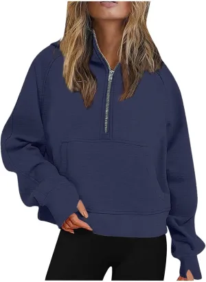 Womens Half Zip Cropped Pullover Tops Fleece Lined Hoodies Long Sleeve Hooded Sweatshirts with Pocket Fall Outfits