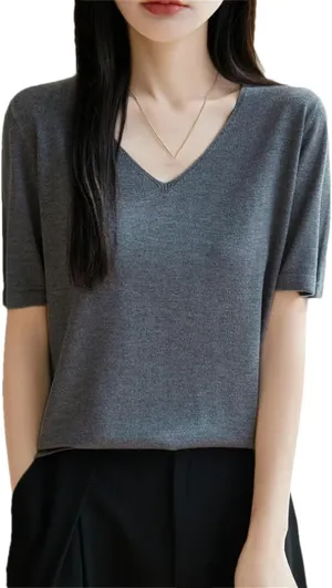 Womens Knit Short Sleeves V-Neck Bottoming Shirt Knitwear Summer Solid Cotton and Silk Pullovers Korean Jumpers