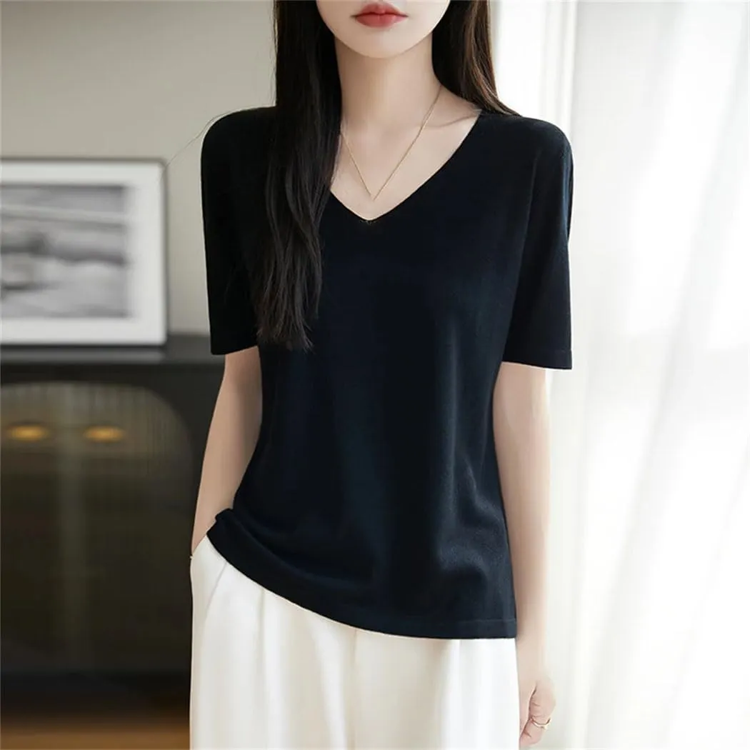 Womens Knit Short Sleeves V-Neck Bottoming Shirt Knitwear Summer Solid Cotton and Silk Pullovers Korean Jumpers