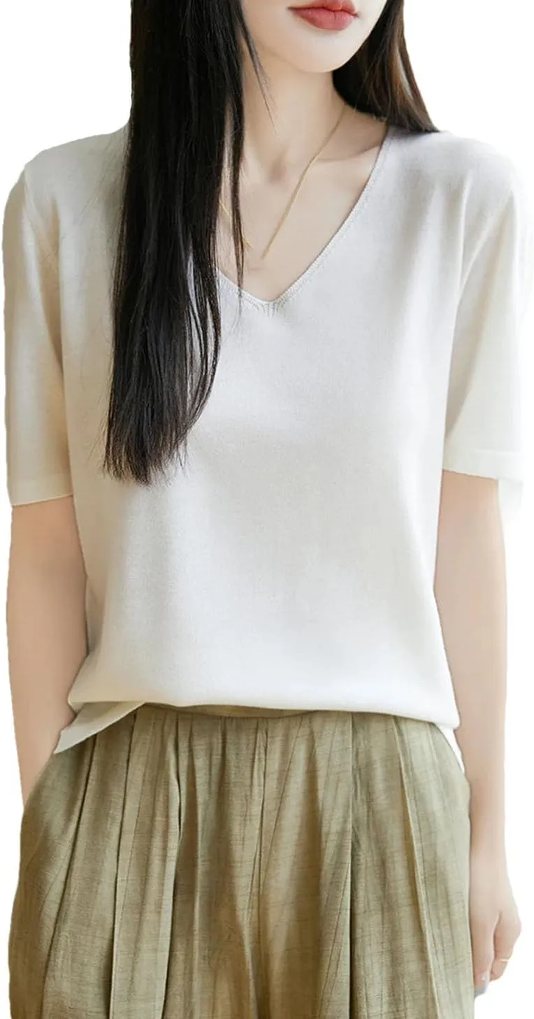 Womens Knit Short Sleeves V-Neck Bottoming Shirt Knitwear Summer Solid Cotton and Silk Pullovers Korean Jumpers