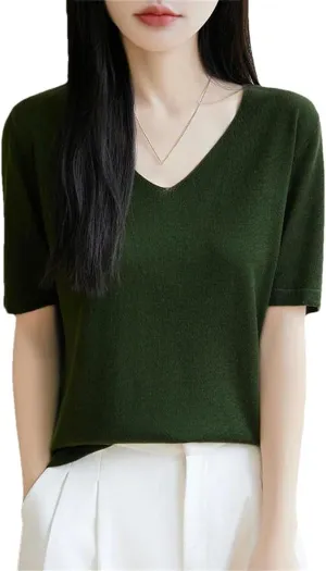 Womens Knit Short Sleeves V-Neck Bottoming Shirt Knitwear Summer Solid Cotton and Silk Pullovers Korean Jumpers