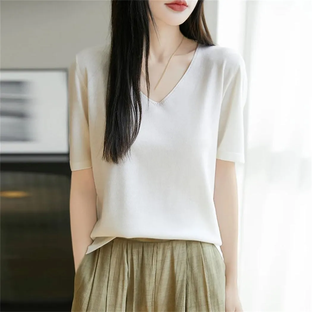 Womens Knit Short Sleeves V-Neck Bottoming Shirt Knitwear Summer Solid Cotton and Silk Pullovers Korean Jumpers