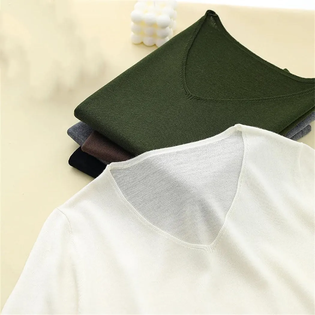 Womens Knit Short Sleeves V-Neck Bottoming Shirt Knitwear Summer Solid Cotton and Silk Pullovers Korean Jumpers