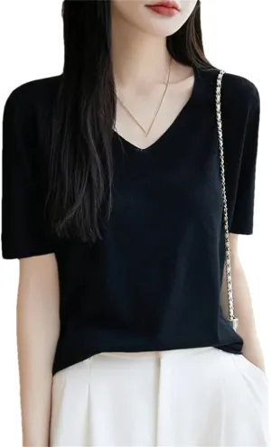 Womens Knit Short Sleeves V-Neck Bottoming Shirt Knitwear Summer Solid Cotton and Silk Pullovers Korean Jumpers