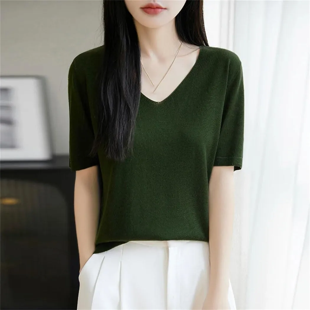 Womens Knit Short Sleeves V-Neck Bottoming Shirt Knitwear Summer Solid Cotton and Silk Pullovers Korean Jumpers