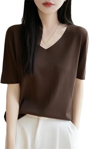 Womens Knit Short Sleeves V-Neck Bottoming Shirt Knitwear Summer Solid Cotton and Silk Pullovers Korean Jumpers