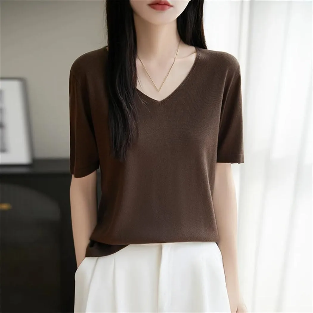 Womens Knit Short Sleeves V-Neck Bottoming Shirt Knitwear Summer Solid Cotton and Silk Pullovers Korean Jumpers
