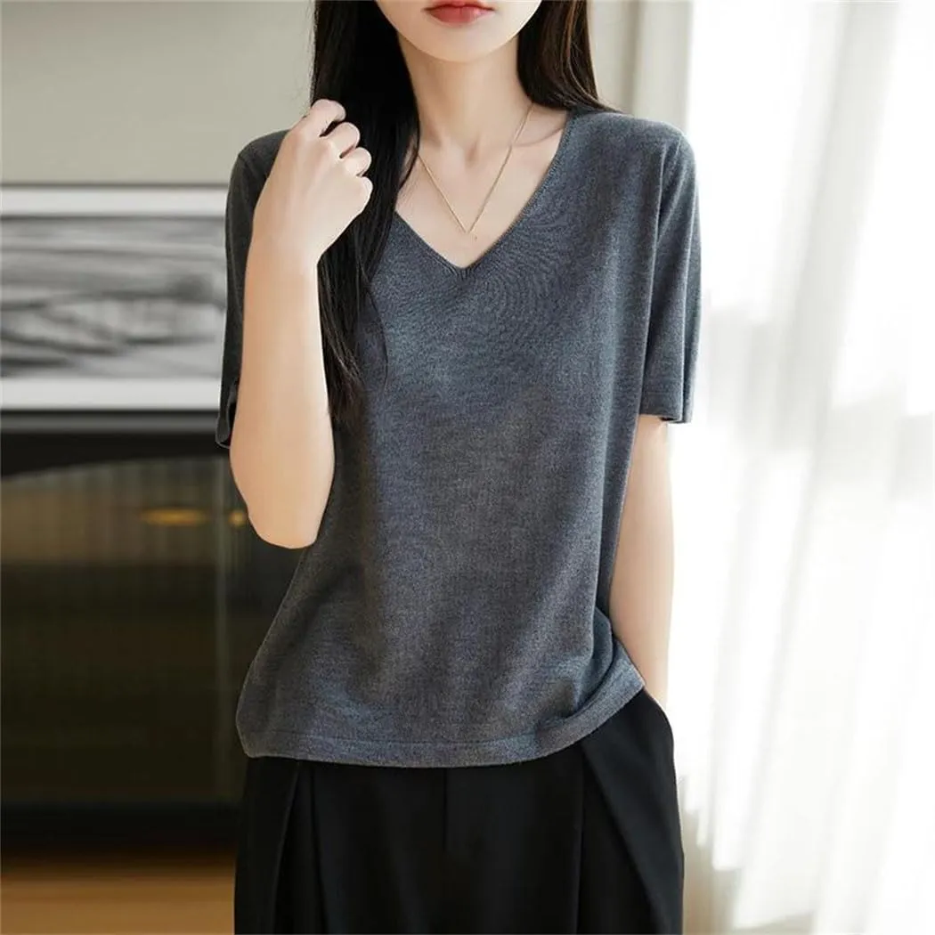 Womens Knit Short Sleeves V-Neck Bottoming Shirt Knitwear Summer Solid Cotton and Silk Pullovers Korean Jumpers