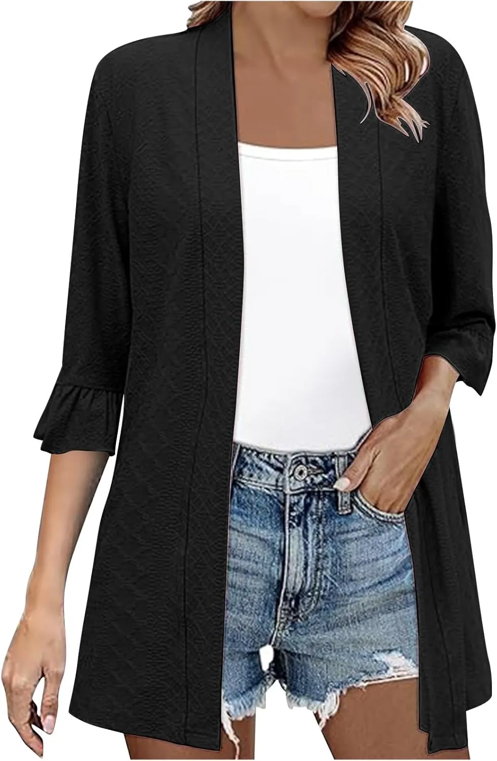 Women's Lightweight Eyelet Embroidered Cardigan Casual Summer Ruffle 3/4 Sleeve Open Front Shirts Tunic Blouse Cover Up