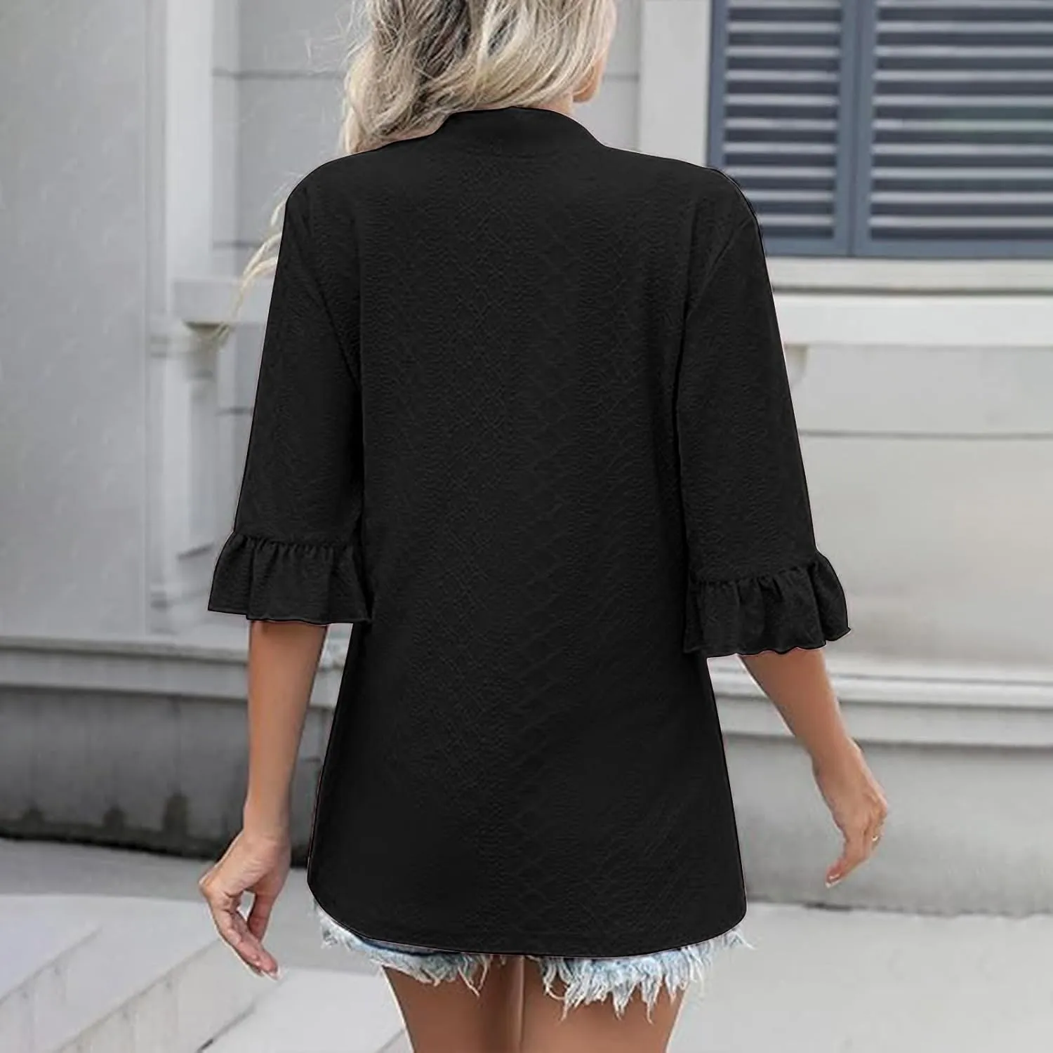 Women's Lightweight Eyelet Embroidered Cardigan Casual Summer Ruffle 3/4 Sleeve Open Front Shirts Tunic Blouse Cover Up