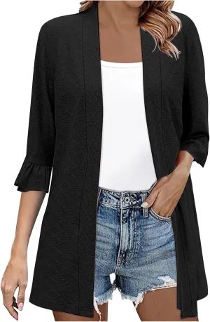 Women's Lightweight Eyelet Embroidered Cardigan Casual Summer Ruffle 3/4 Sleeve Open Front Shirts Tunic Blouse Cover Up